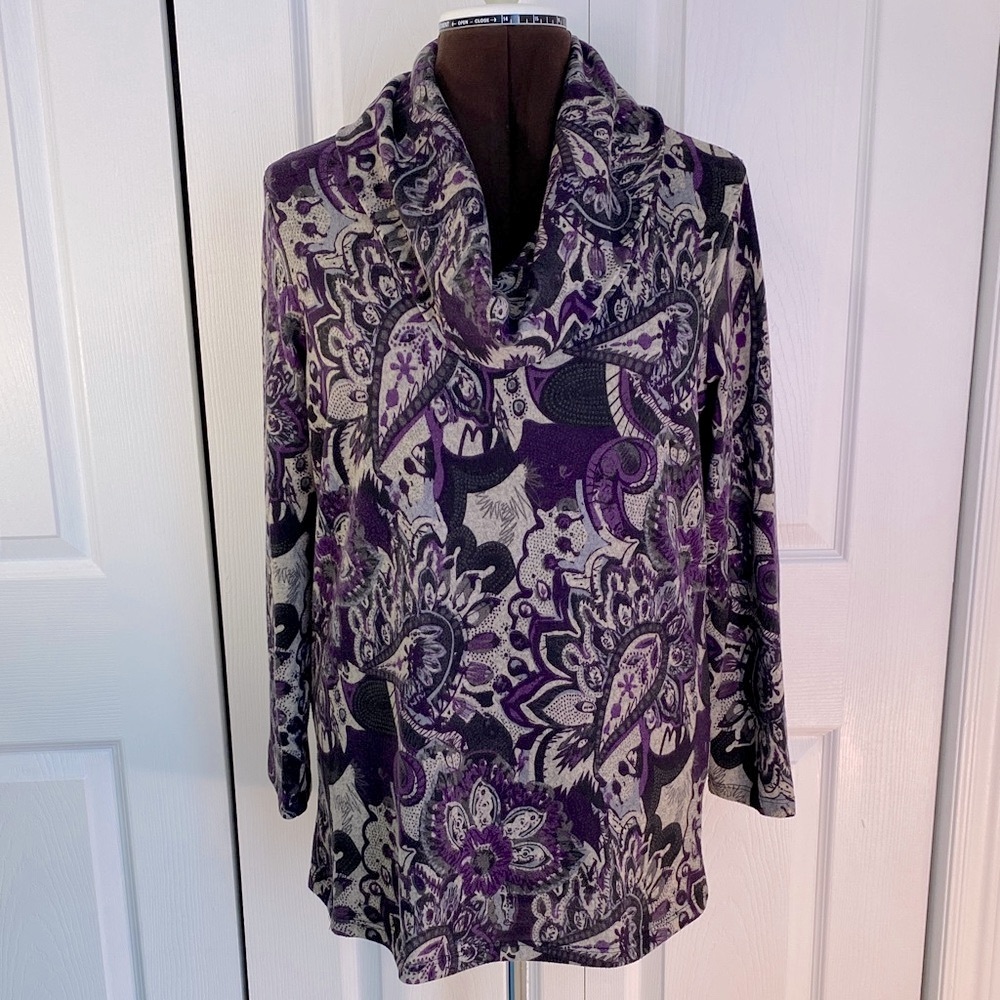 2 for $25 - Addition Elle Cowl Neck Sweater in Purple Paisley, 1X Plus